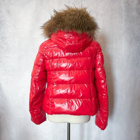 ZIAI Wet Look Red Puffer Hooded Jacket Coat Detachable Faux Fur Trim Size M - Picture 5 of 16